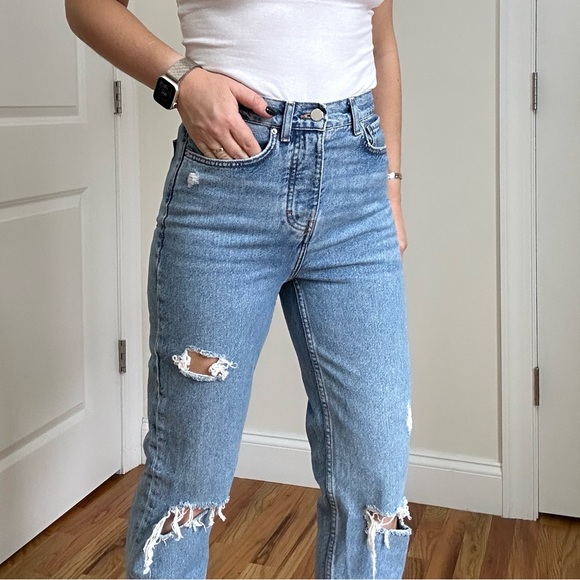 High Waist Side Slit Washed Distressed Jeans - Picture 9 of 10